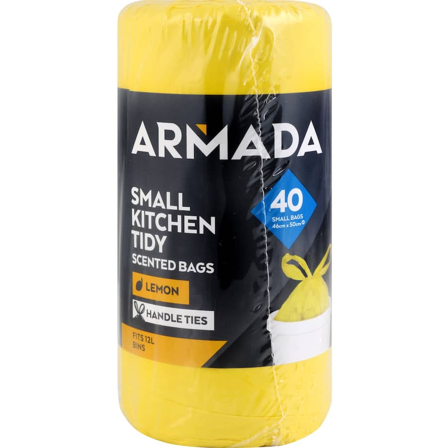 Armada Kitchen Tidy Bags in lavender or lemon scent, eco-friendly, 40 pack, perfect for 12L bins, durable and leak-proof.