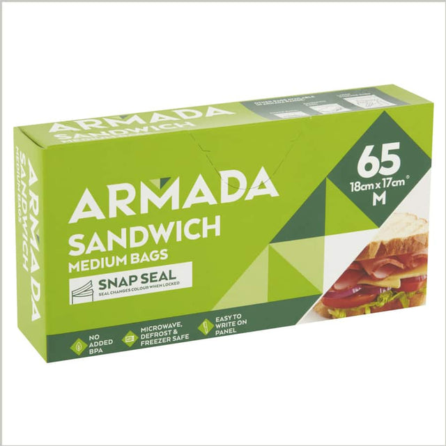 Armada Sandwich Bags, 65 pack, BPA-free with color-changing seal, ideal for snacks, meals, and freezer/microwave storage.