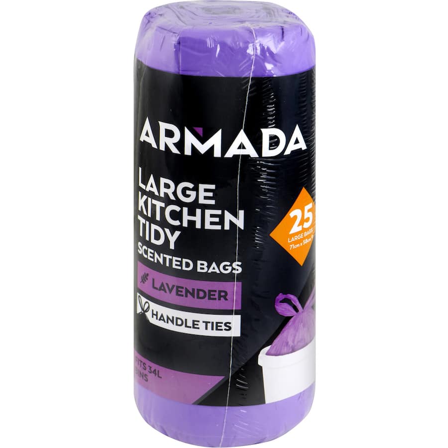 Large lavender or lemon-scented kitchen tidy bags, 25 pack, durable, biodegradable, fits 34L bins, ideal for waste disposal.