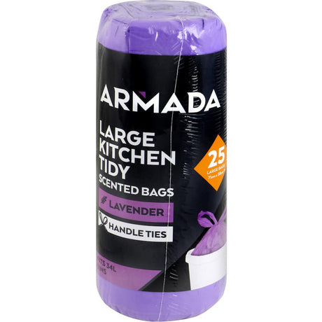 Large lavender or lemon-scented kitchen tidy bags, 25 pack, durable, biodegradable, fits 34L bins, ideal for waste disposal.