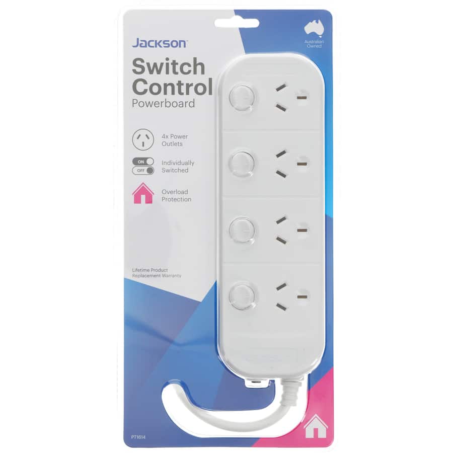 Jackson Powerboard with 4 outlets, 1m lead, overload protection, and indicator switch for easy power management.