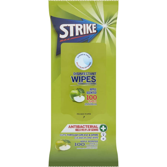 Disinfectant wipes in a 100-pack with a fresh apple scent for cleaning various surfaces effectively.