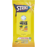 Strike Cleaning Wipes in lemon scent, ideal for disinfecting surfaces and eliminating 99.9% of germs efficiently.