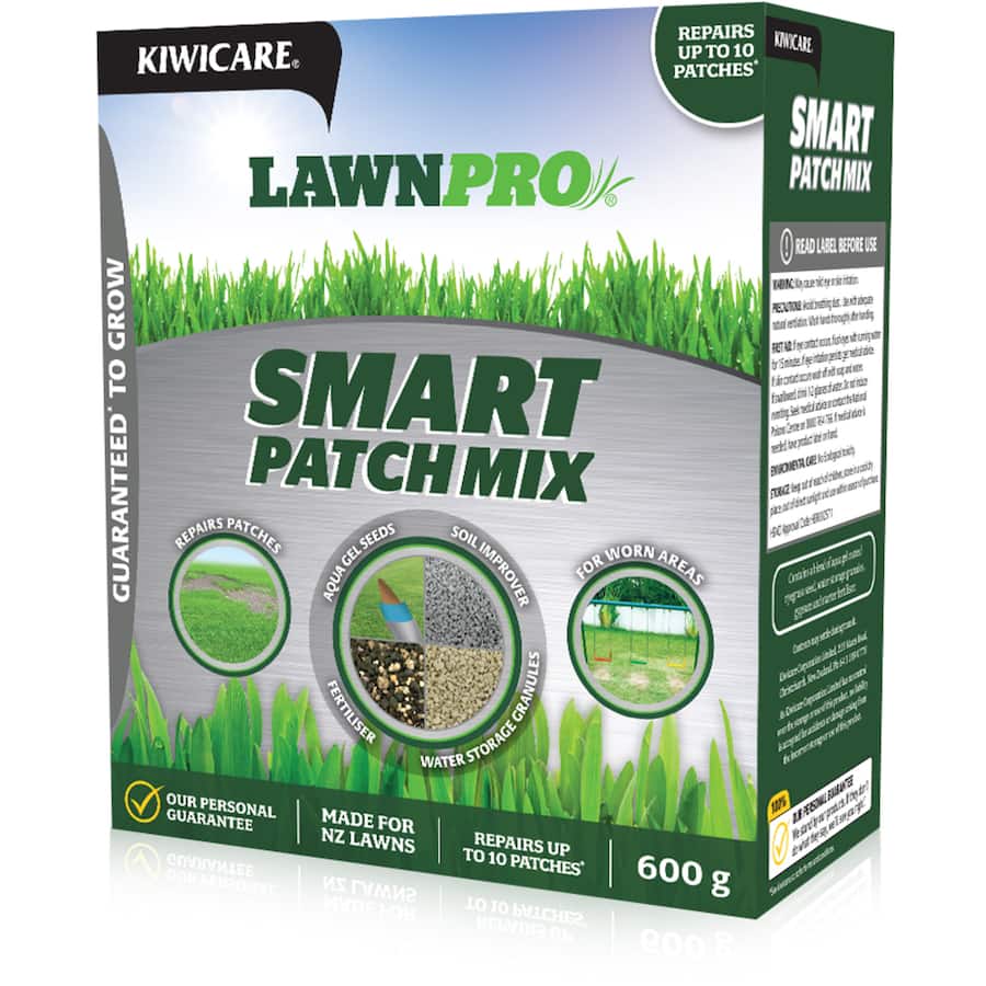 Kiwicare Lawn Pro Smart Patch Mix features aqua gel-coated ryegrass seed for effortless lawn repair and lasting hydration.