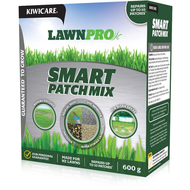 Kiwicare Lawn Pro Smart Patch Mix features aqua gel-coated ryegrass seed for effortless lawn repair and lasting hydration.