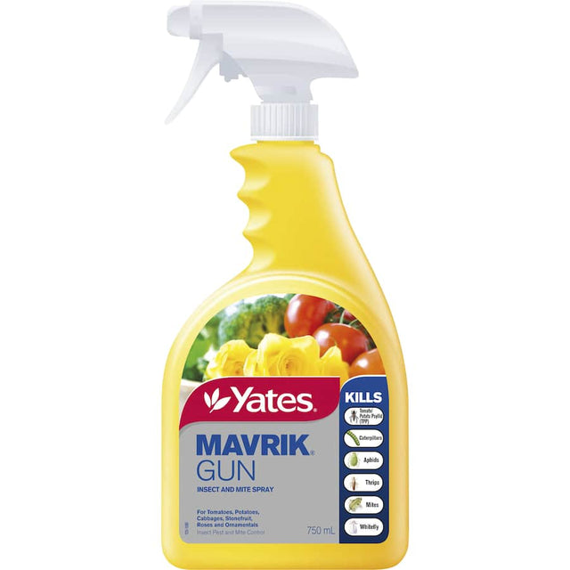 Yates Mavrik Insecticide spray bottle for effective pest control, safe for honeybees and delicate plants in gardens.