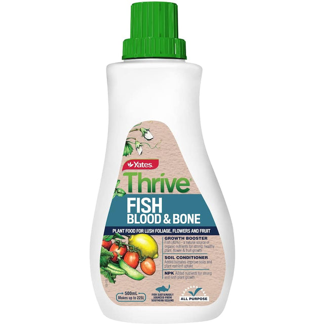 Yates Thrive Fish Blood & Bone Fertiliser Concentrate bottle showcasing eco-friendly, nutrient-rich plant growth booster.