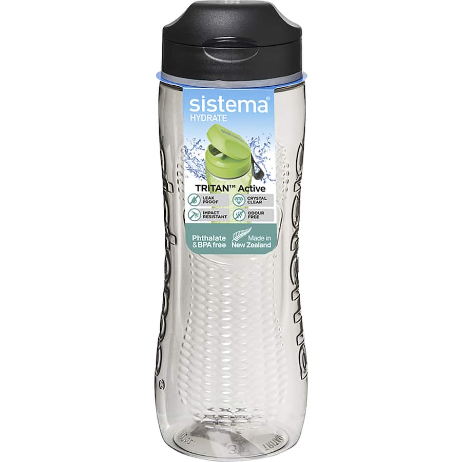 Durable and lightweight Sistema Active Drink Bottle Tritan with flip-top lid and soft finger loop, perfect for active lifestyles.