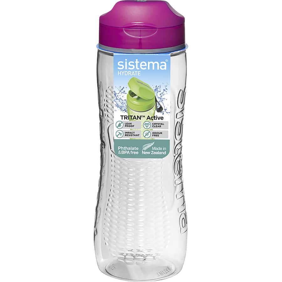 Sleek Sistema Active Drink Bottle Tritan with flip-top lid, finger loop, and vibrant colors for active lifestyles.