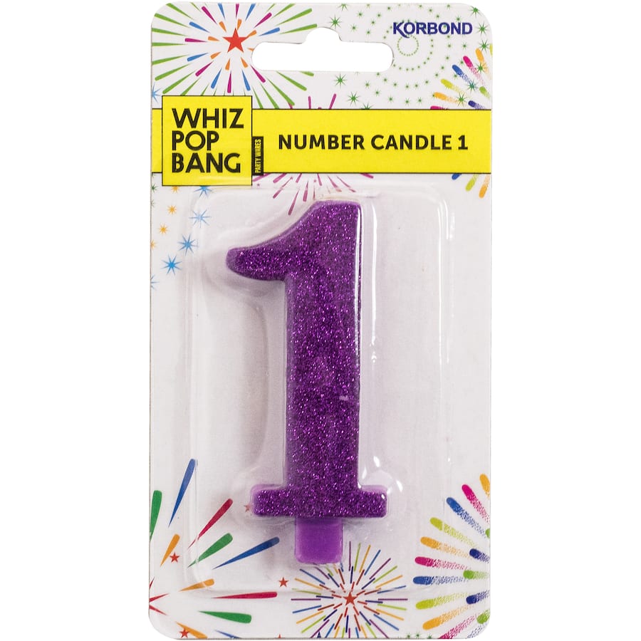 Brightly colored Whiz Pop Bang Candles Number 1, infused with essential oils for a long-lasting, uplifting scent.
