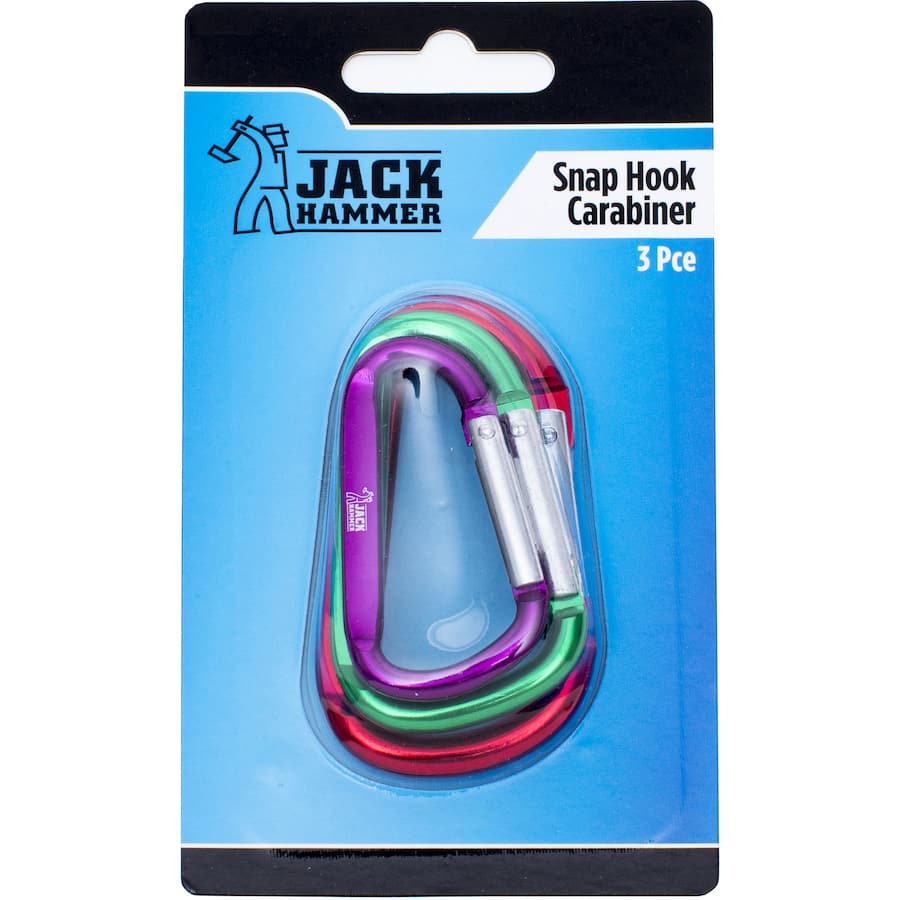 Durable 3-piece Jack Hammer Snap Hook Carabiner set, ideal for climbing, camping, and organizing gear securely.