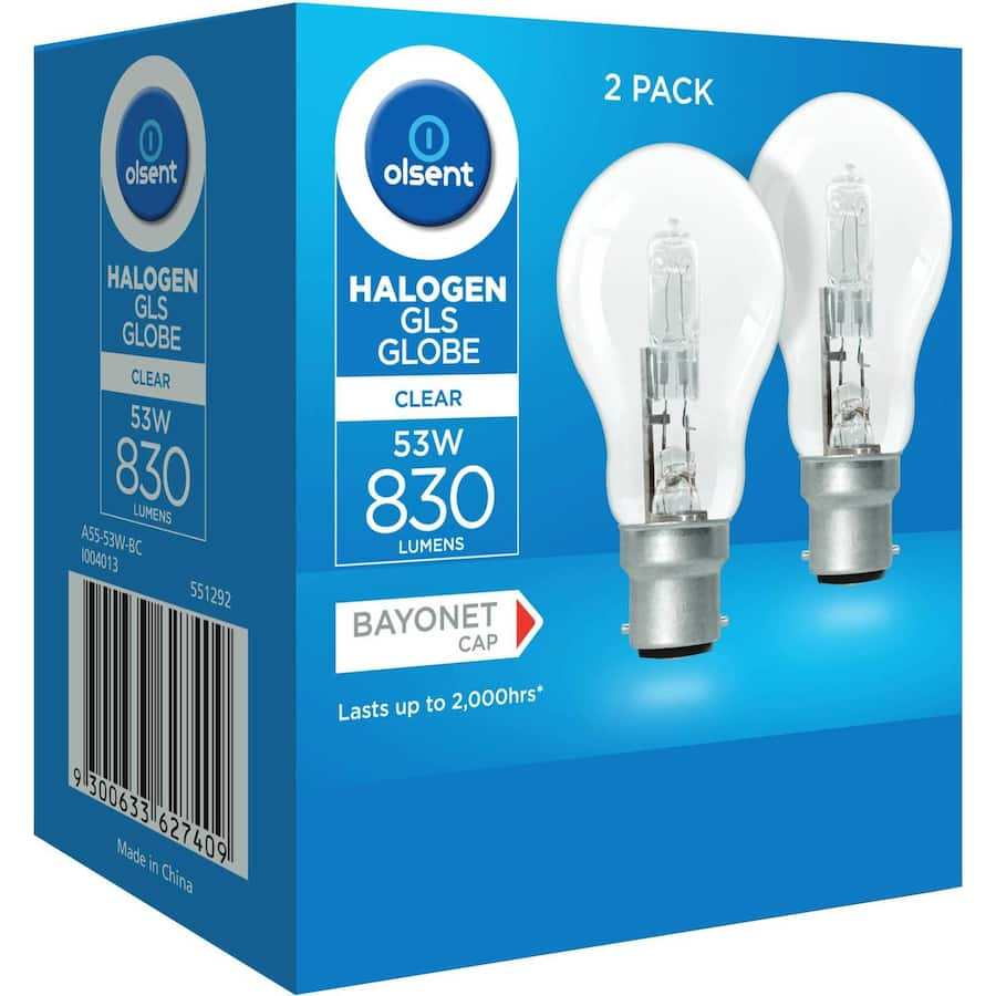 Bright Olsent 53w Halogen Round Bulb with bayonet fitting for clear, energy-efficient lighting in any space.