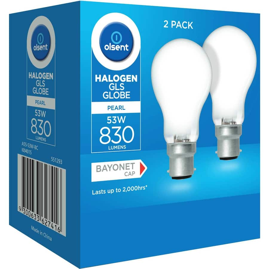 Olsent Halogen Round Bulb Bayonet 53w Pearl offers warm light, easy installation, and energy efficiency for various fixtures.