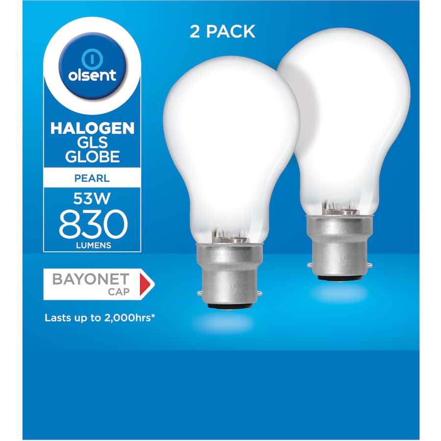 Olsent Halogen Round Bulb 53w Pearl, bayonet fitting, warm light, energy efficient for home lighting upgrades.