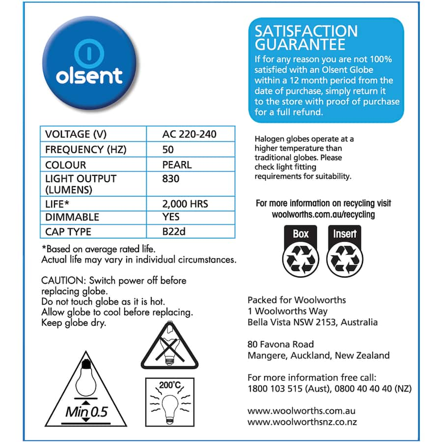 Olsent 53w Pearl Halogen Round Bulb with bayonet fitting, providing warm light and energy efficiency for various fixtures.