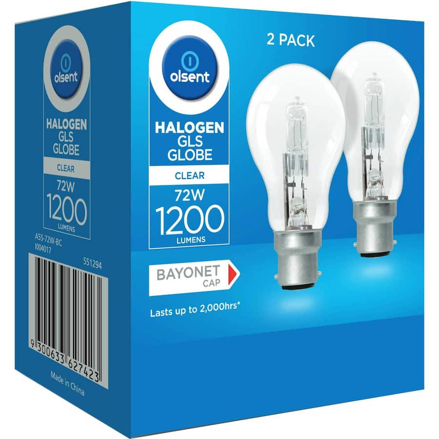 Olsent 72W Halogen Round Bulb with Bayonet fitting, clear design for bright, energy-efficient illumination in various fixtures.