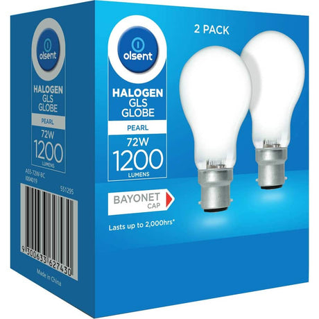 Olsent 72w Halogen Round Bulb with Pearl finish, bayonet fitting for easy installation, ideal for brightening any space.