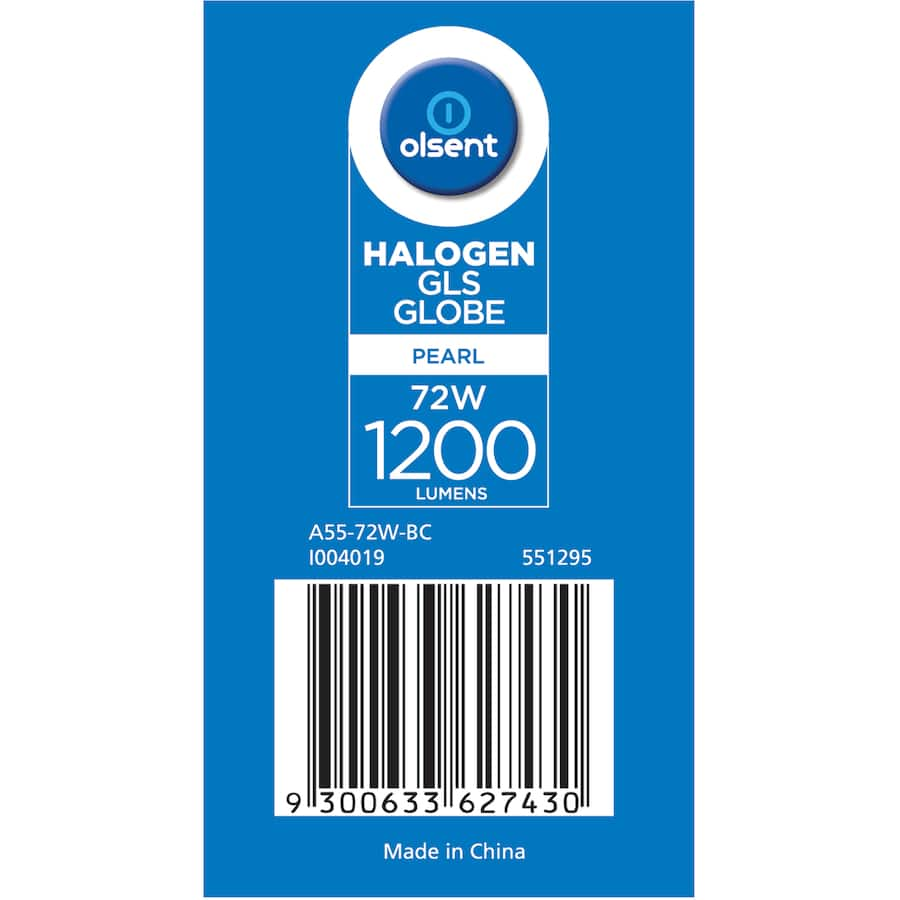 Olsent 72w Pearl Halogen Round Bulb, bayonet fitting, delivers warm, bright light, ideal for elegant home lighting upgrades.