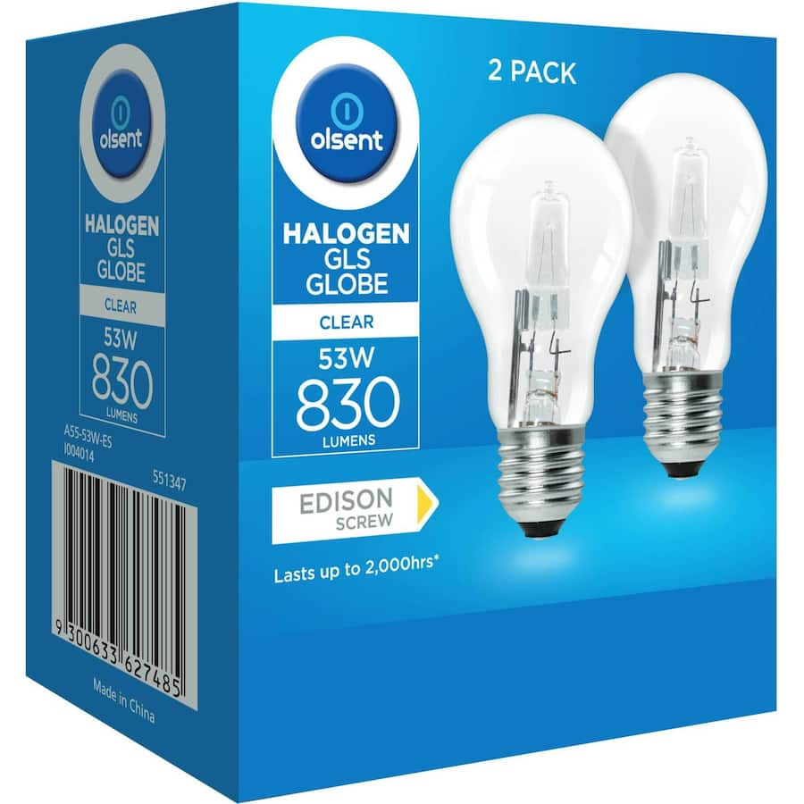 Olsent Halogen Round Bulb 53W Clear, efficient lighting with a warm glow, perfect for home or commercial use.