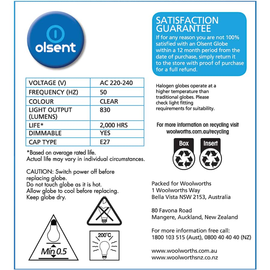 Olsent 53W halogen round bulb with clear design, providing bright, efficient lighting for home and commercial use.