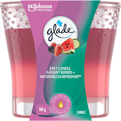 Glade 2 In 1 scented candle featuring Radiant Berries & Watermelon for a fruity, uplifting atmosphere and stylish decor.