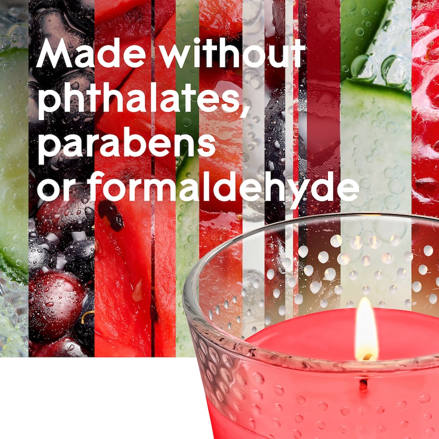 Scented candle featuring dual-layer Radiant Berries & Watermelon fragrances, perfect for creating a refreshing atmosphere.