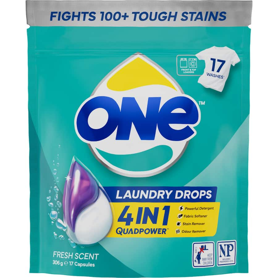 4-in-1 laundry capsules featuring QuadPower™ technology for powerful cleaning, stain removal, softening, and odor elimination.