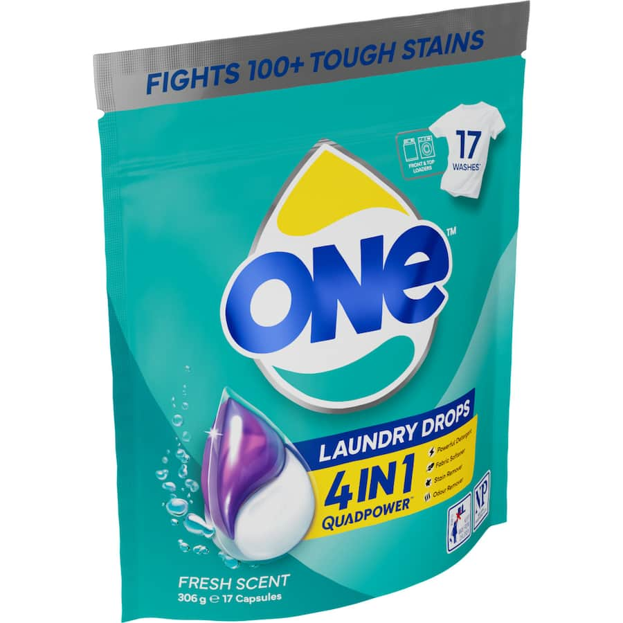 4-in-1 laundry capsules featuring QuadPower technology for powerful cleaning, stain removal, fabric softening, and odor elimination.