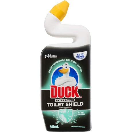 Duck Toilet Shield Toilet Cleaner with uniquely shaped neck for deep cleaning and cool mint scent, killing 99.9% of germs.