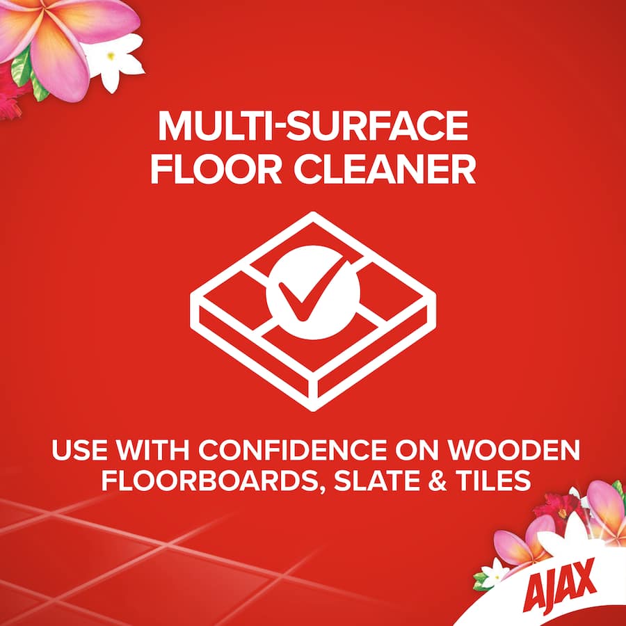 Ajax Floor Cleaner Divine Blends: A versatile cleaner for all floor types, leaves a refreshing tropical scent while tackling tough grime.