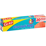 Glad Snaplock Storage Bags Medium with double lock seal, BPA-free, ideal for meal prep, snacks, and freezer storage.