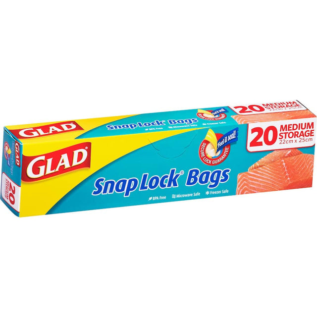 Glad Snaplock Storage Bags Medium with double lock seal, BPA-free, ideal for meal prep, snacks, and freezer storage.