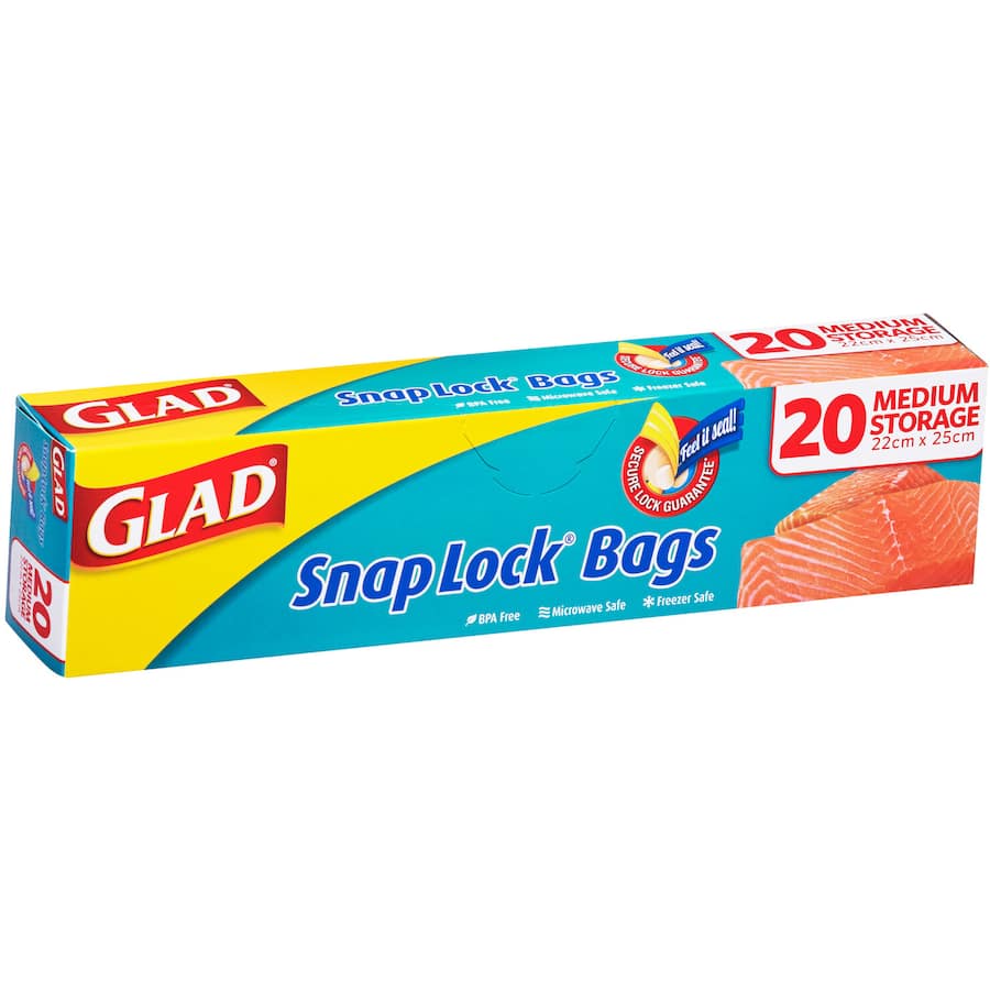 Resealable Glad Snaplock Storage Bags Medium with double lock seal, ideal for meal prep, snacks, and freezer storage.