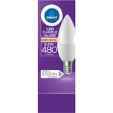 Warm white LED candle bulb in classic shape, 5.5W, 480 lumens, perfect for chandeliers and decorative fixtures.