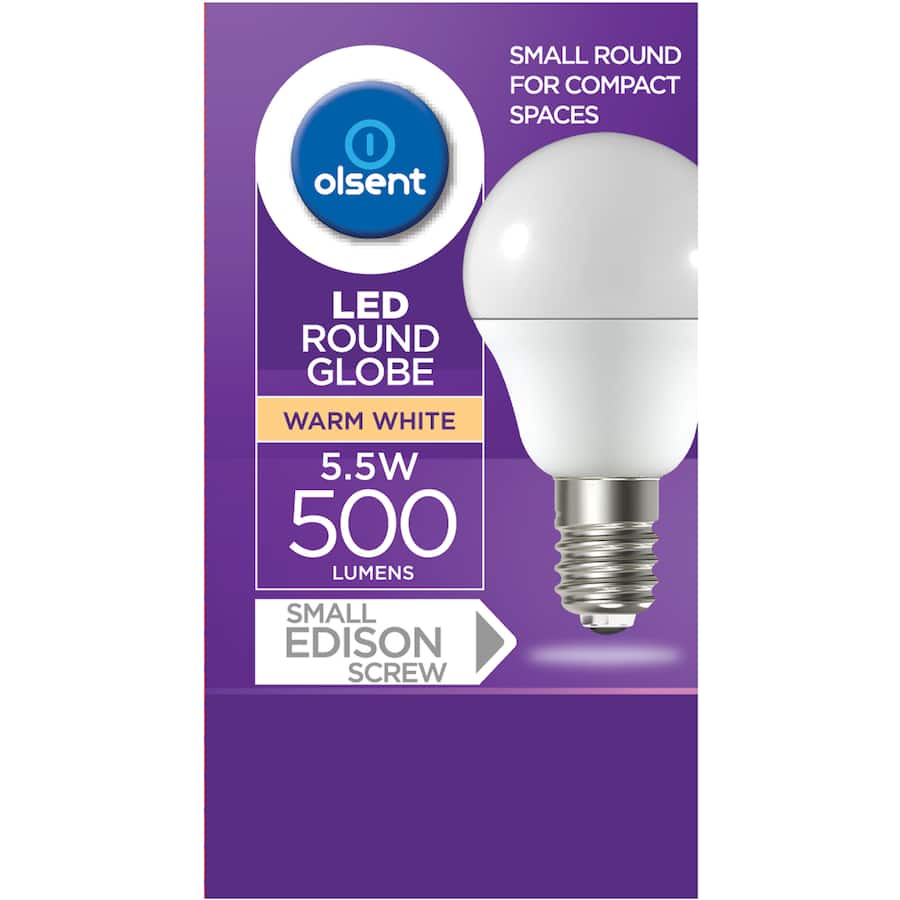 Olsent 5.5W LED light bulb with 500 lumens, energy-efficient, standard screw fitting, ideal for home or office lighting.