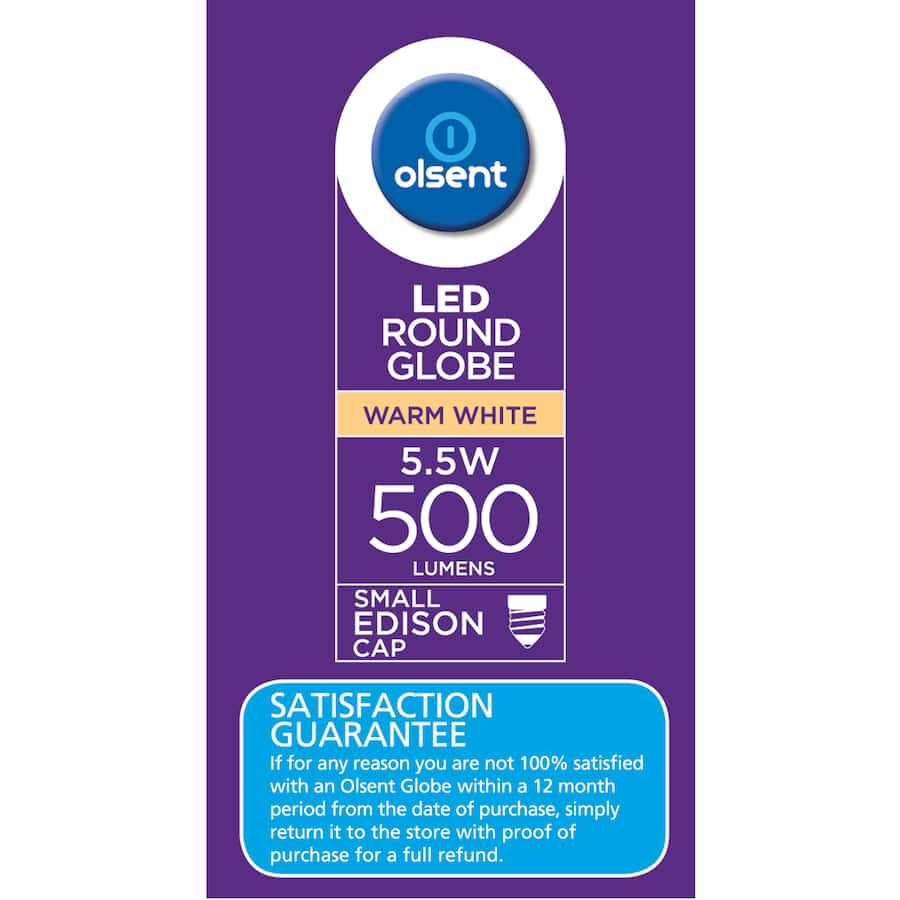 Olsent LED light bulb with screw fitting, 5.5W, 500 lumens, energy-efficient, bright, and long-lasting for home or office use.