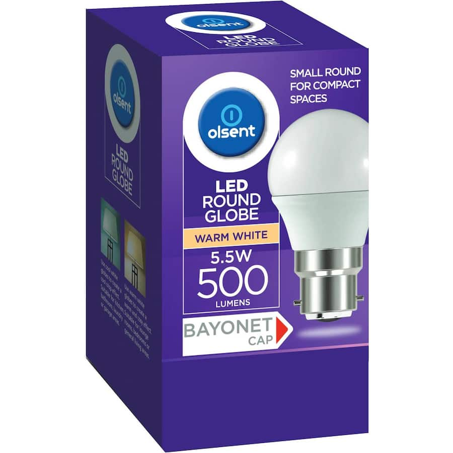 Olsent LED round bayonet bulb, 5.5W, 500 lumens, energy-efficient lighting for residential and commercial use.