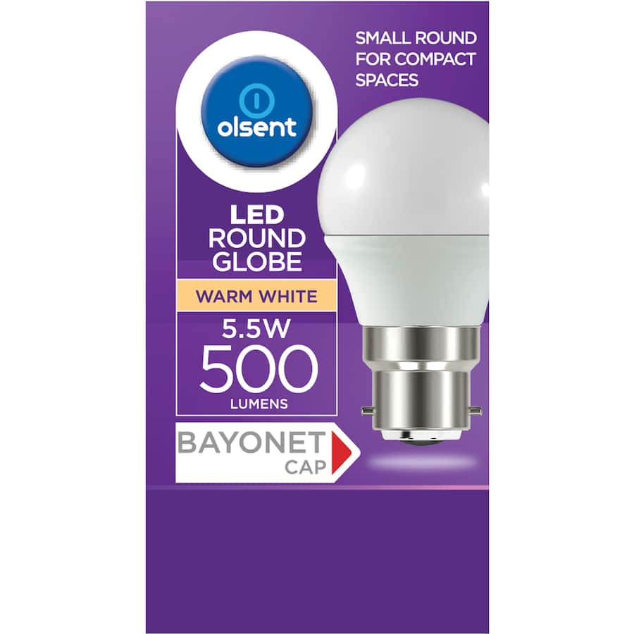 Olsent LED Round Bayonet Bulb, 5.5W, 500 lumens; energy-efficient lighting for homes and offices, warm glow, easy install.