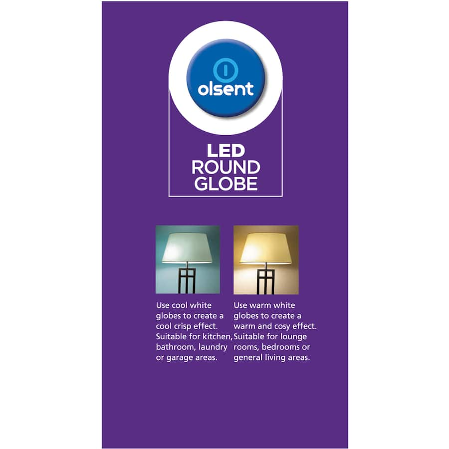 Olsent LED Round Bayonet Bulb, 5.5W, 500 lumens, ideal for energy-efficient lighting in homes and offices.