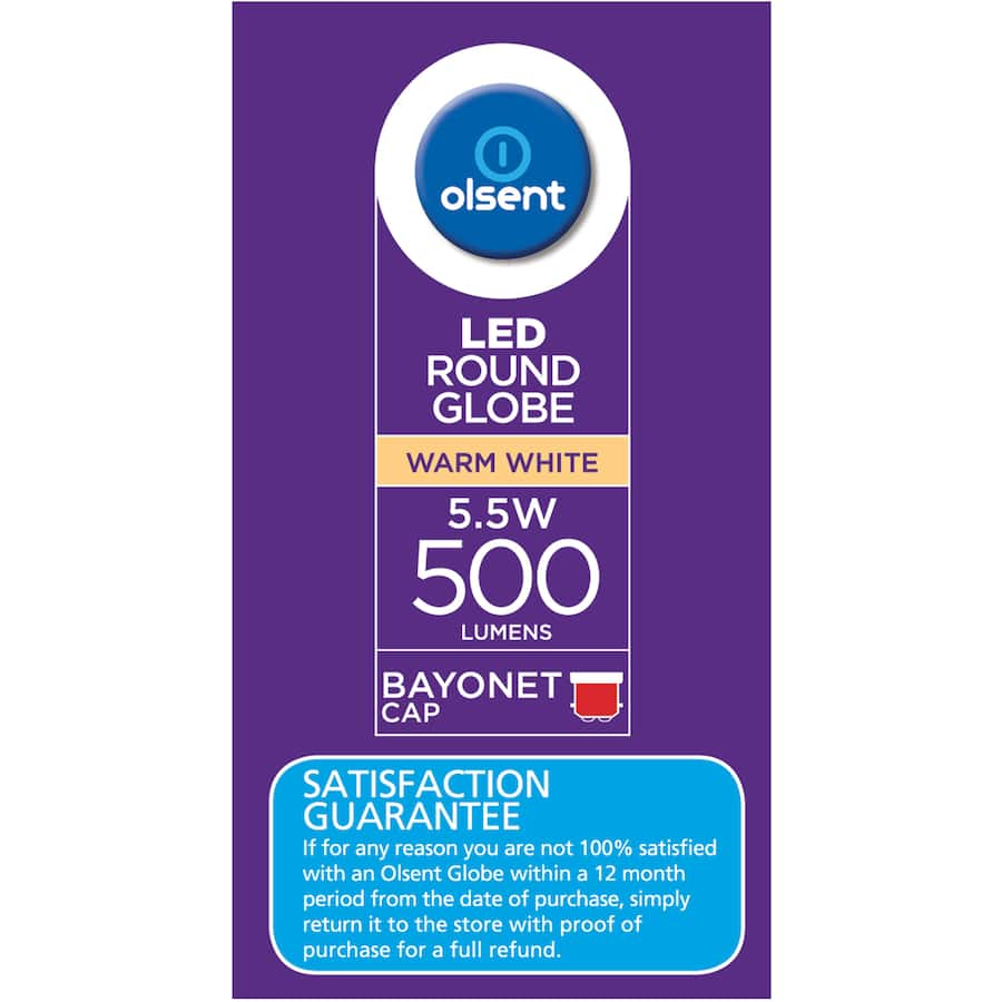 Olsent 5.5W LED light bulb with round bayonet fitting, providing 500 lumens for efficient, bright, and warm lighting.