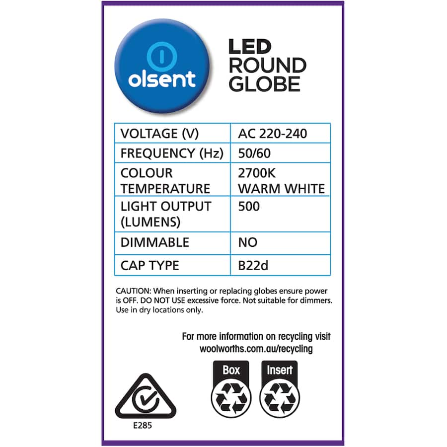 Olsent LED light bulb with round bayonet fitting, 5.5W, 500 lumens, ideal for energy-efficient home and office lighting.