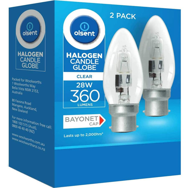 Clear bayonet halogen candle bulb, 28w, providing energy-efficient warm light for chandeliers and decorative fixtures.