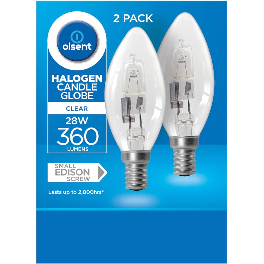 Olsent Halogen Candle Bulb with E27 screw base, 28w, providing bright warm white light for versatile home lighting.