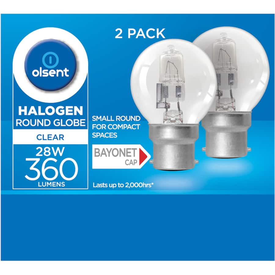 Olsent 28w Halogen Round Bulb with Bayonet fitting, clear finish for bright, warm lighting in various indoor and outdoor settings.