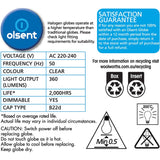 Olsent Halogen Round Bulb with Bayonet fitting, 28w, clear design for bright, warm lighting in home or office spaces.