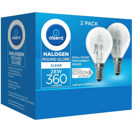 Olsent 28w halogen round bulb with clear design, ideal for cozy lighting in homes and businesses, featuring E27 screw base.