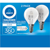 Clear Olsent 28w halogen round bulb with a standard E27 screw base, ideal for bright, warm lighting in any space.