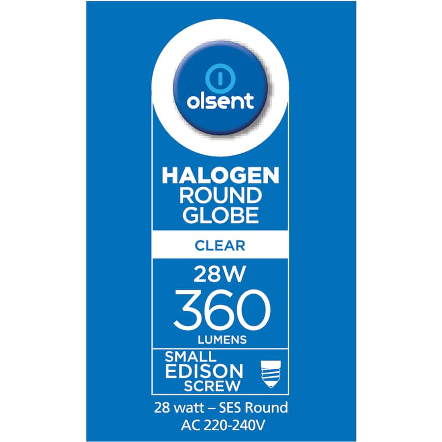 Olsent Halogen Round Bulb, 28w clear design for vibrant warm light, ideal for homes and decorative fixtures.