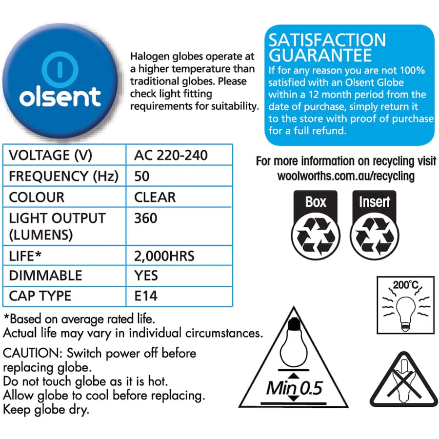 Olsent Halogen Round Bulb, 28w, clear design, screw base, vibrant warm light for stylish and energy-efficient illumination.