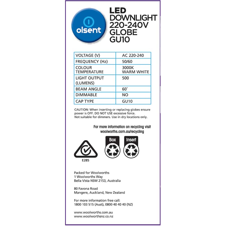 Warm white Olsent LED GU10 down light bulb, 6W, 500lm, energy-efficient for cozy home illumination and easy installation.